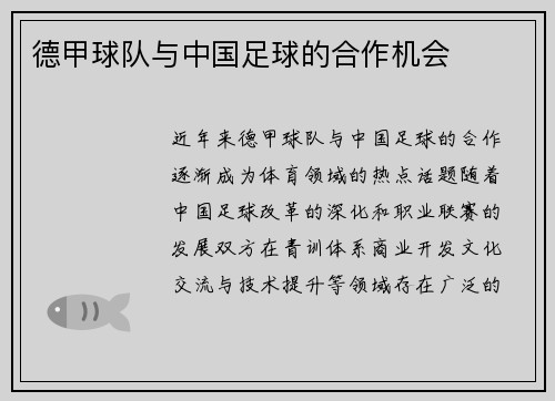 德甲球队与中国足球的合作机会